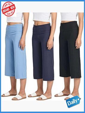 3 Pack Women's Ribbed Foldover Wide Leg Capri Lounge Yoga Pants Plus Size